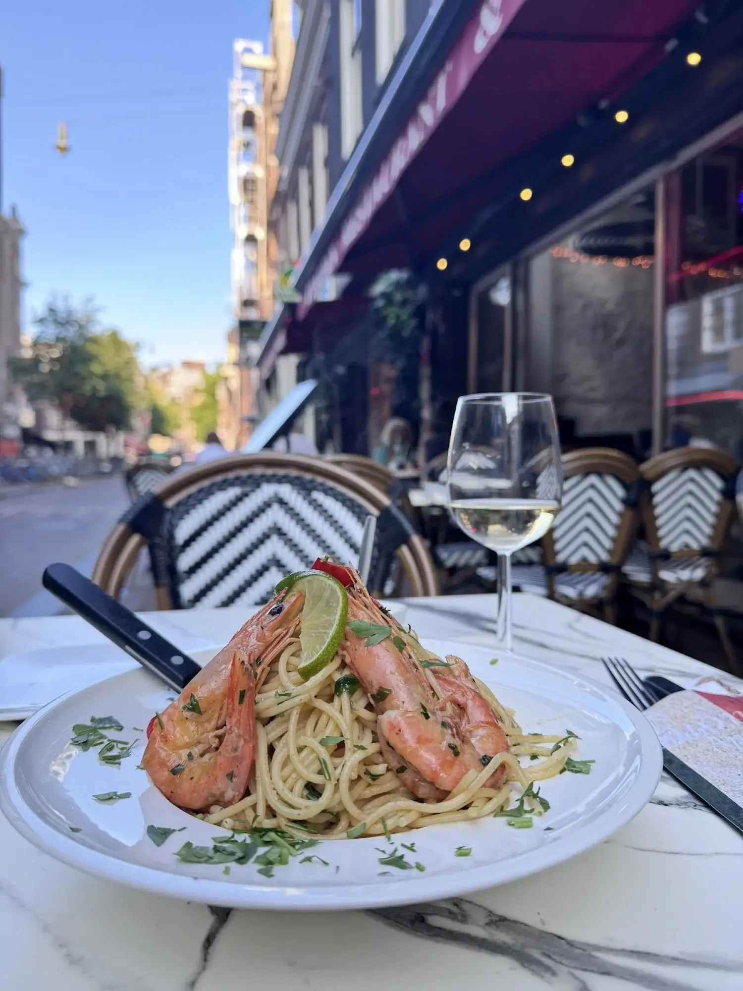 Gamberoni pasta served on the terrace at La Casa di Angelo
